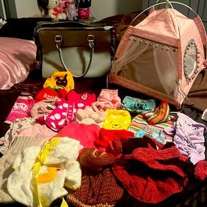 xxs and xs outfits, canopy bed, carrying purse